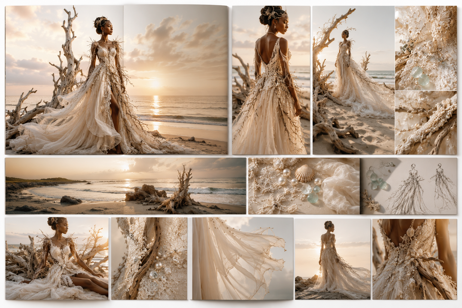 Luxury editorial lookbook celebrating fantasy bridal couture inspired by driftwood, pearls, lace and the serene coastline in the Ocean Couture Collection.