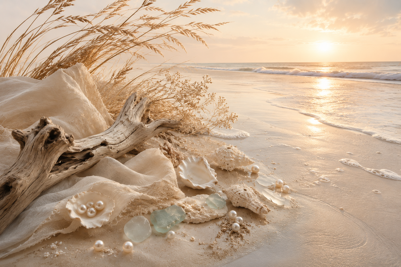 Inspired by Nature board for the Ocean Couture Collection featuring weathered driftwood, sea glass, shells, warm coastal sand, shoreline grasses and golden sunrise light that inspired the collection's artistic vision.