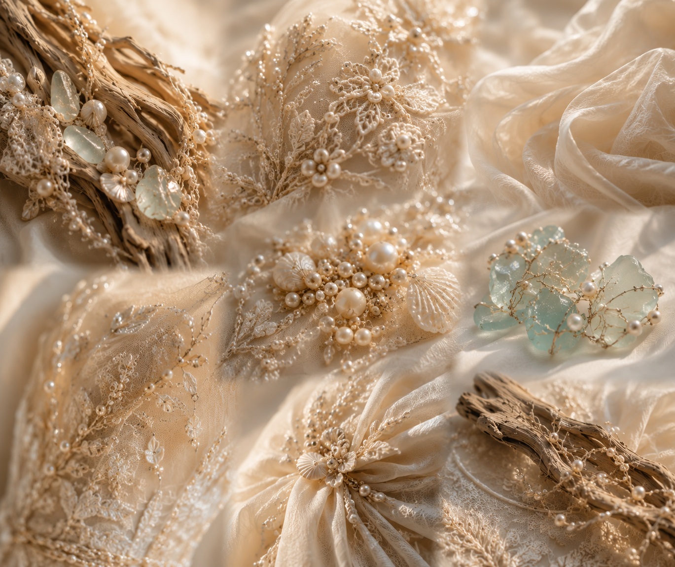 Close-up Signature Details from the Ocean Couture Collection featuring couture stitching, pearls, lace, driftwood textures, sea glass and handcrafted bridal embellishments.