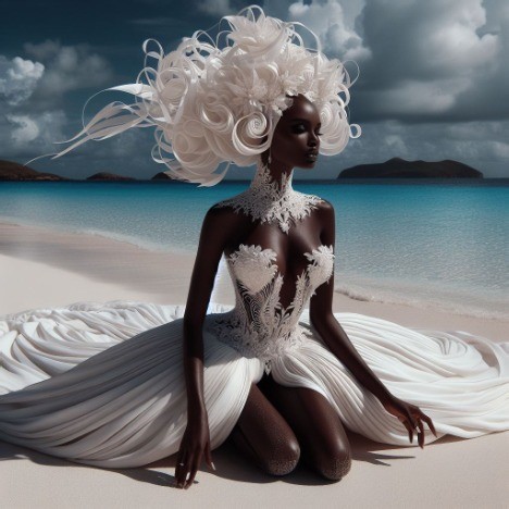 female in ocean inspired headwear on the sand