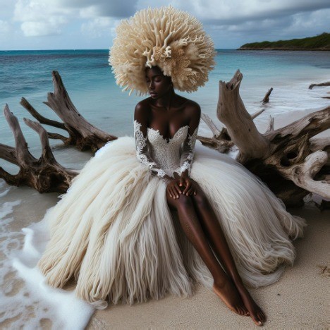 woman in gown relaxing by the seawater