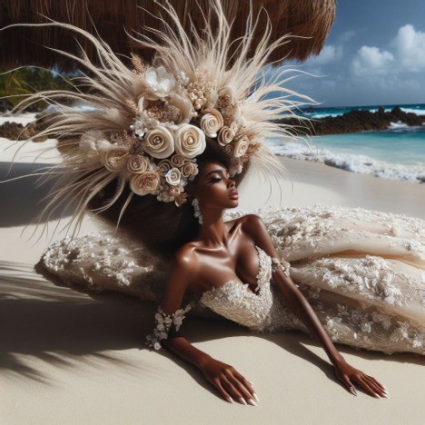 woman lounging in the caribbean sun wearing a beautiful gown