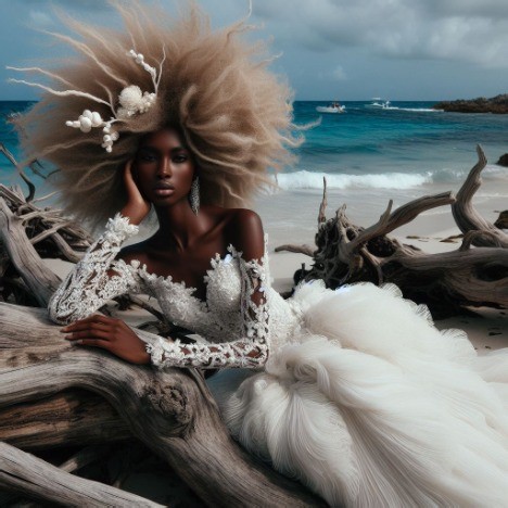 bridal couture fashion featuring long cutout sleeves and ocean inspired headwear