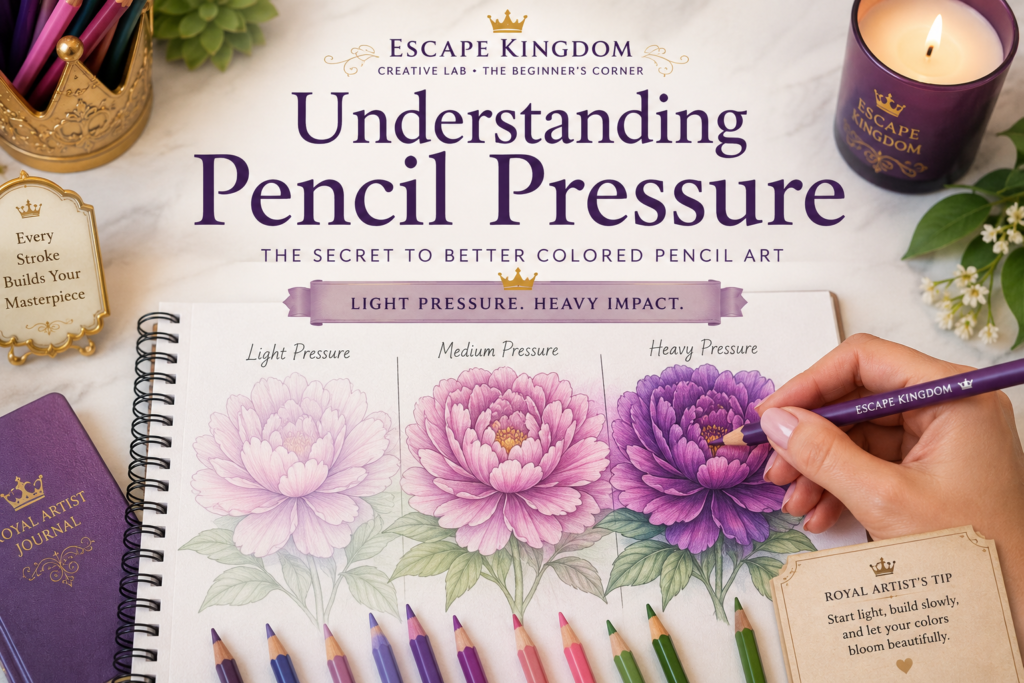 Hand demonstrating light and heavy colored pencil pressure on a floral coloring page with visible differences in color intensity on a bright artist's workspace.
