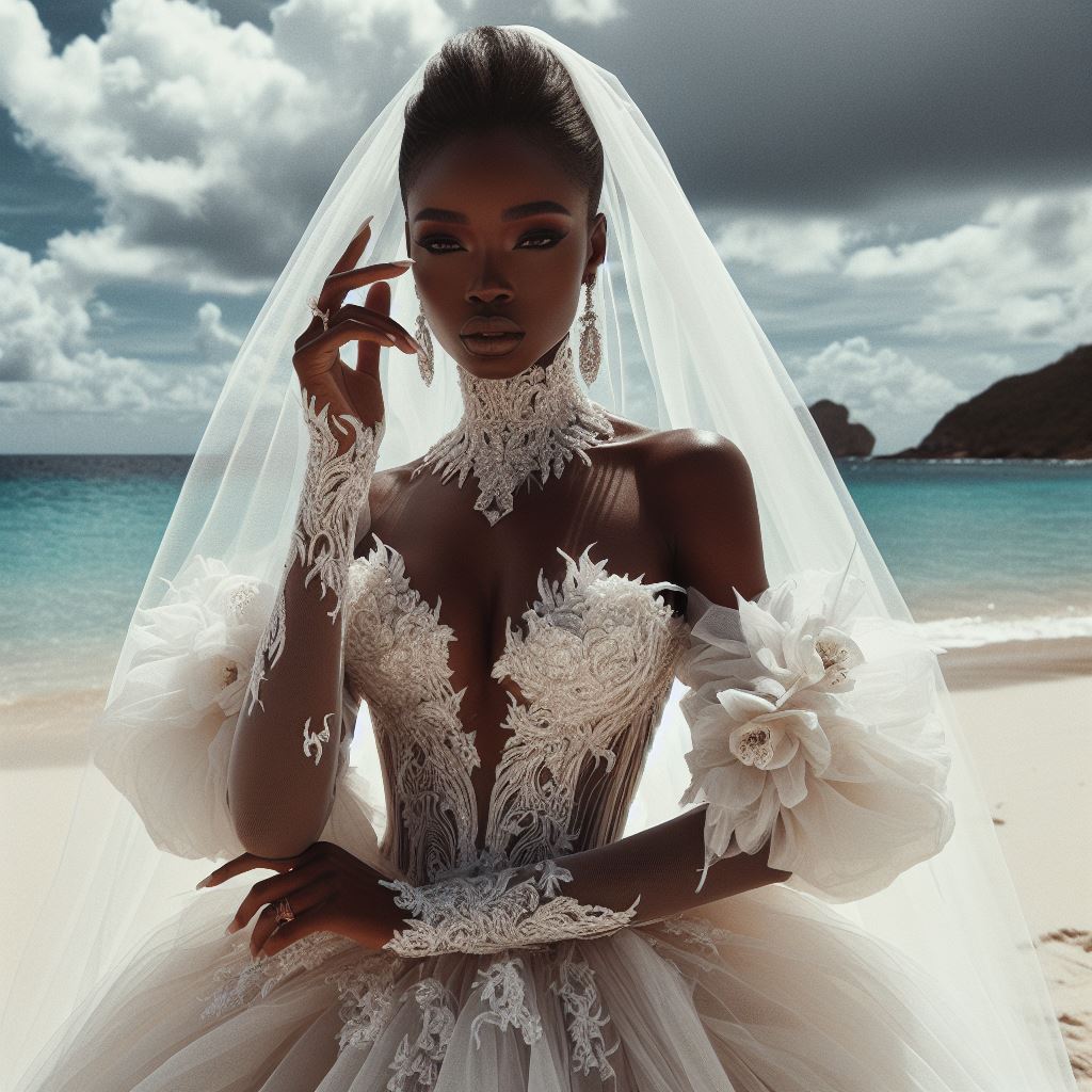 Portrait of lady in wedding gown at the beach with matching accessories