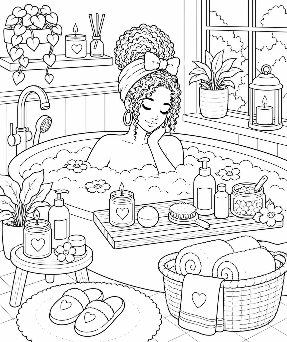 Cozy girl self-care coloring page featuring a woman relaxing in a peaceful bubble bath spa