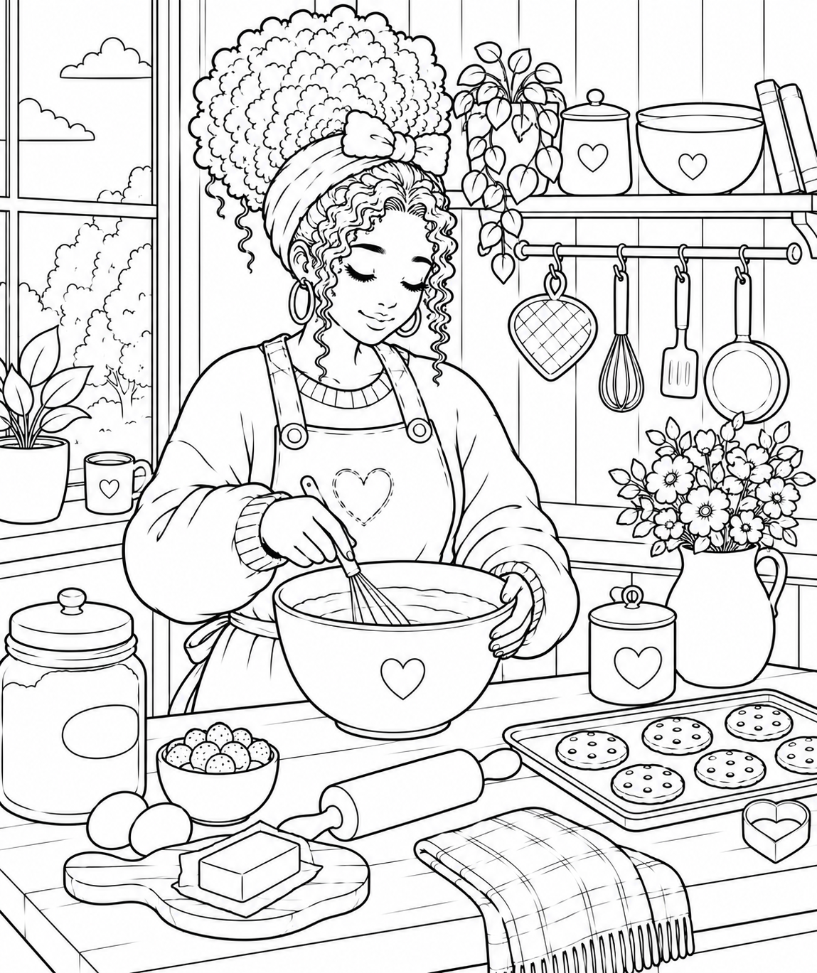 Cozy girl baking coloring page featuring a woman baking in a warm, inviting kitchen