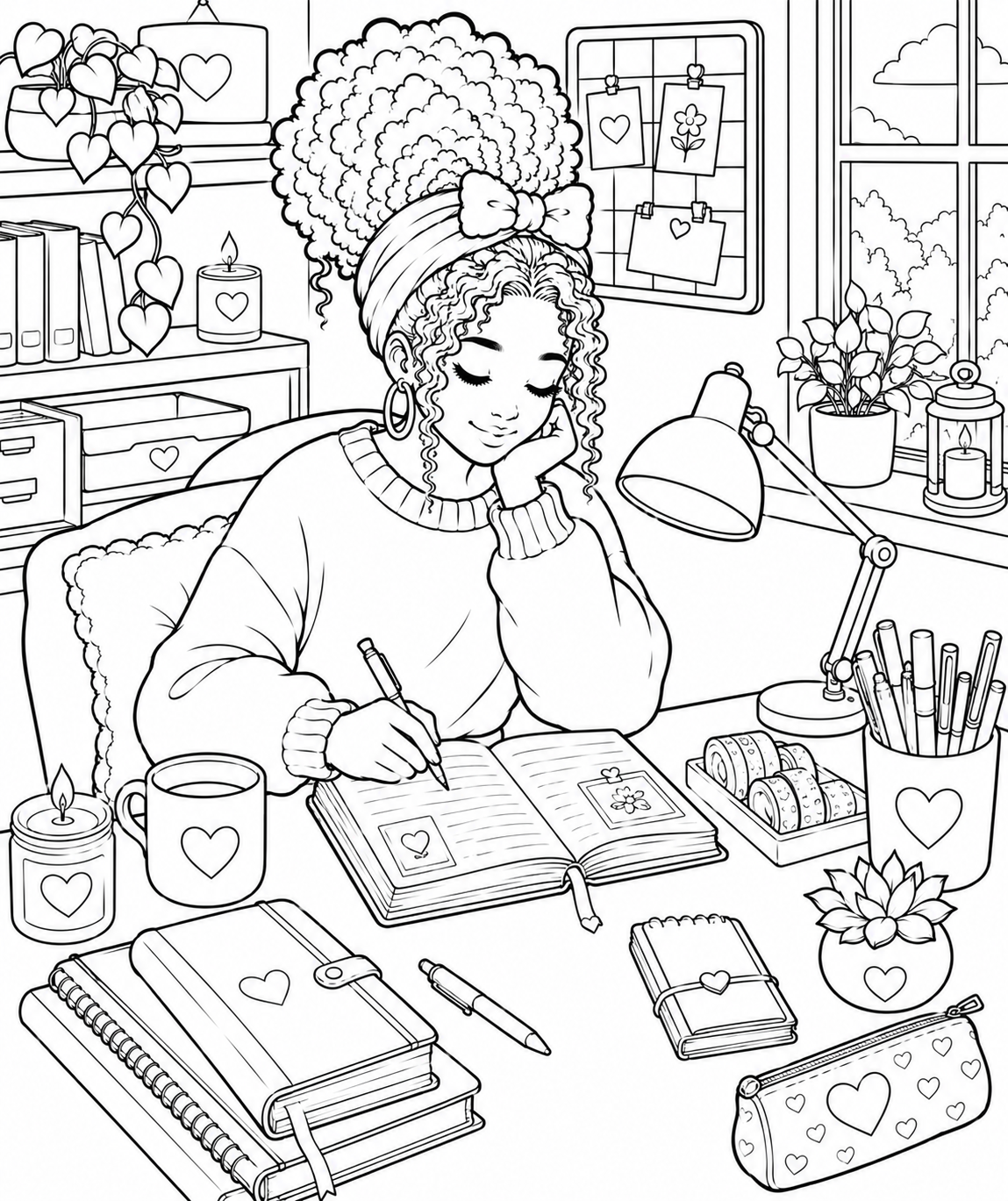 Cozy girl journaling coloring page with a woman writing at a cozy desk