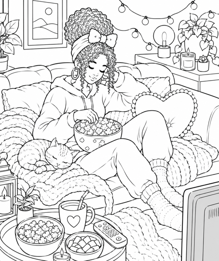 Cozy girl movie night coloring page with a woman relaxing on a couch