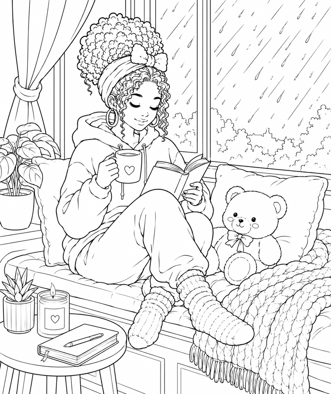 Cozy girl coloring pages featuring relaxing everyday scenes, self-care, pets and cozy hygge moments