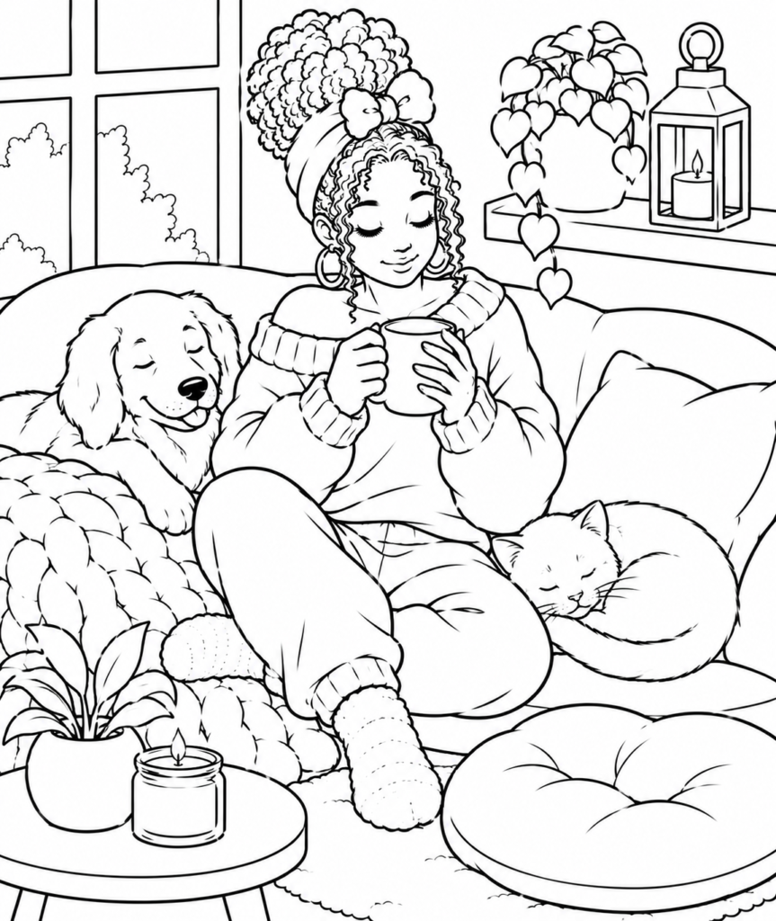 Cozy girl coloring page of a woman relaxing with her cat and dog