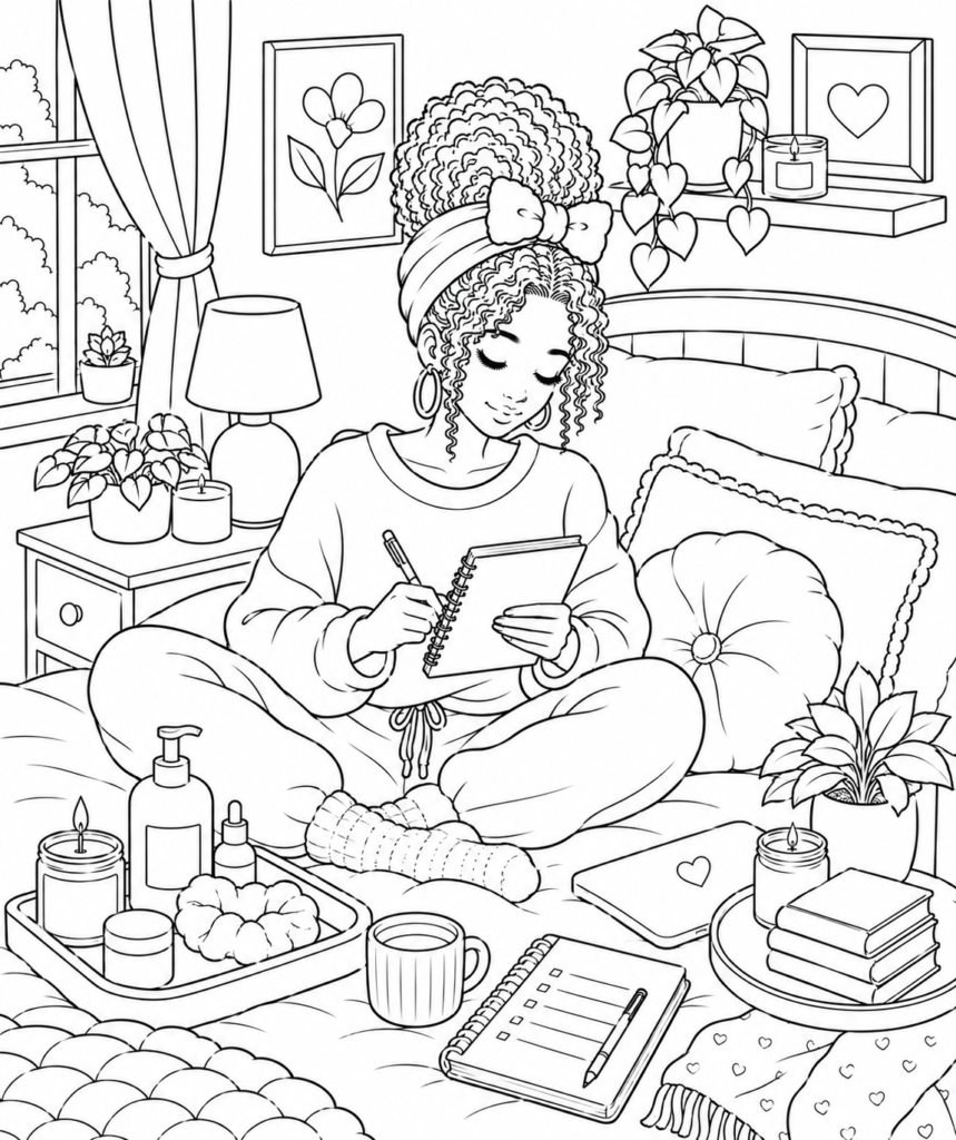 Cozy girl Sunday reset coloring page featuring a woman relaxing and journaling in a peaceful bedroom