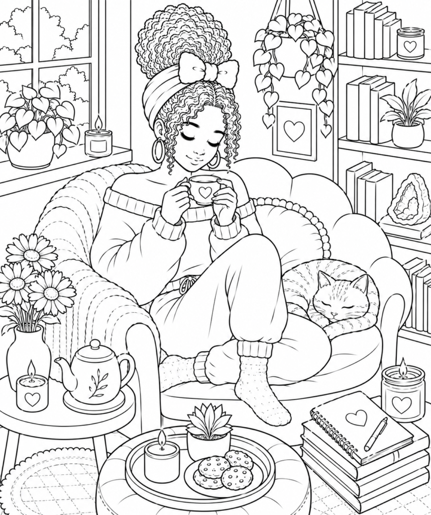 Cozy girl tea time coloring page featuring a woman relaxing with tea in a peaceful cozy corner
