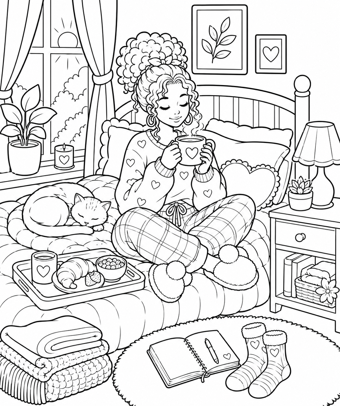 Cozy girl morning routine coloring page featuring a woman relaxing in a warm, peaceful bedroom
