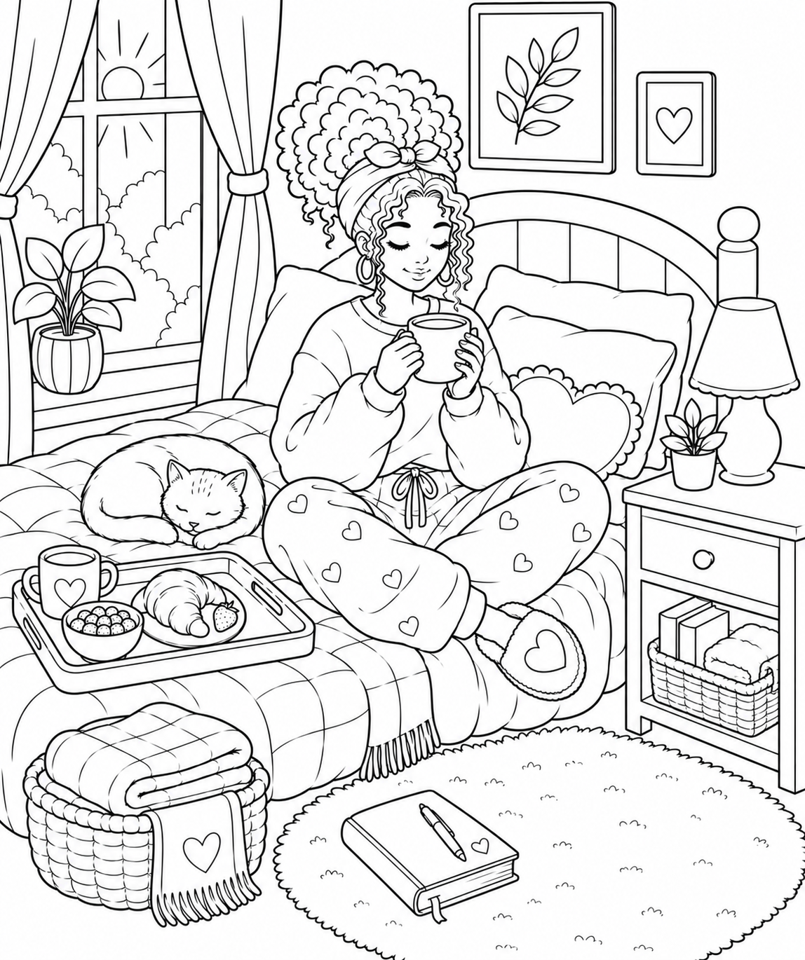 Cozy girl morning coloring page featuring a woman relaxing with coffee in a comfortable home setting