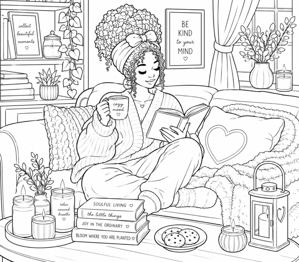 Cozy girl reading nook coloring page featuring a woman relaxing with a book in a peaceful reading retreat