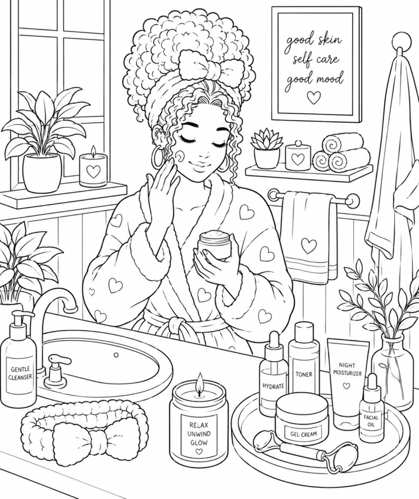 Cozy girl skincare coloring page featuring a woman enjoying a relaxing self-care routine in a cozy bathroom