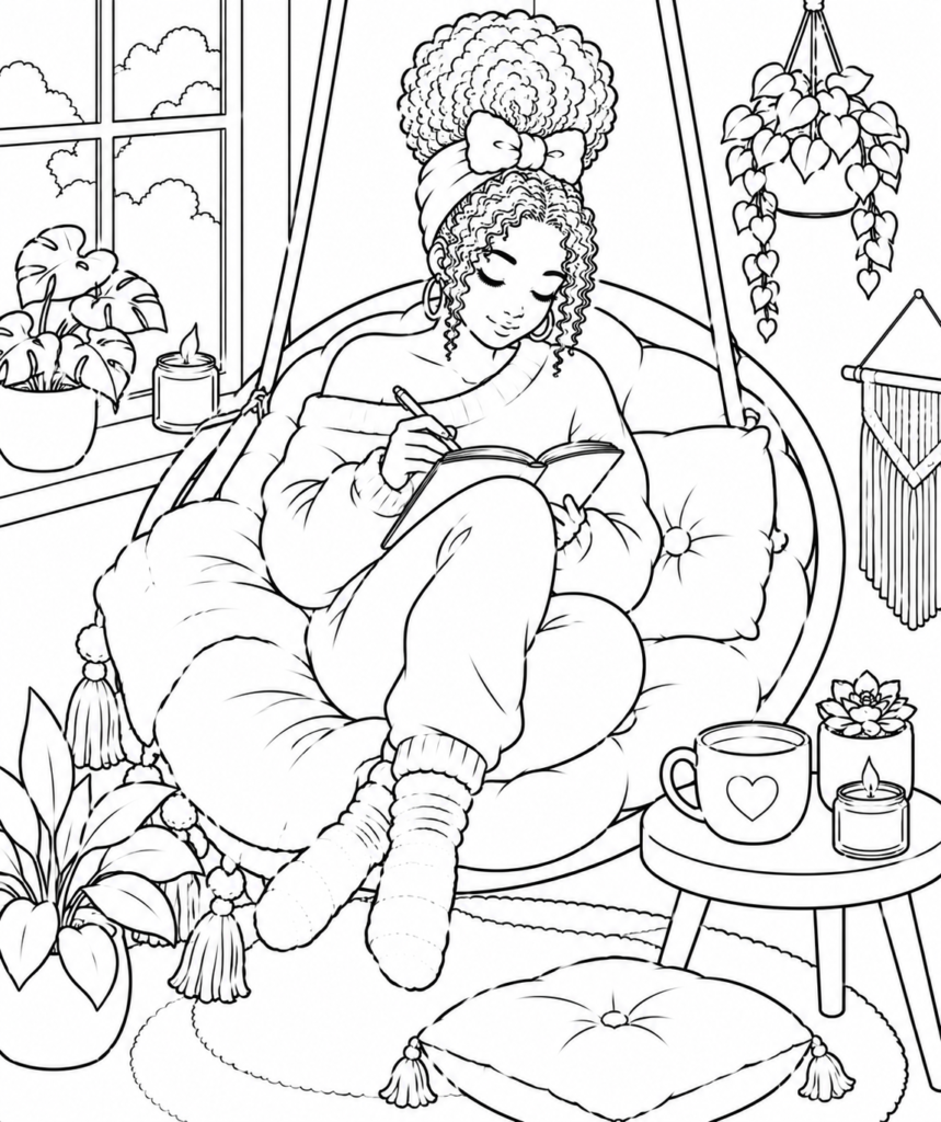 Cozy girl journaling coloring page featuring a woman relaxing in a peaceful window nook